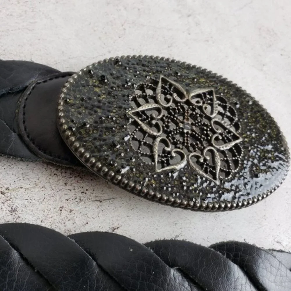 Vintage Bohemian Braided Leather Belt Enameled Metalwork Mandala Buckle